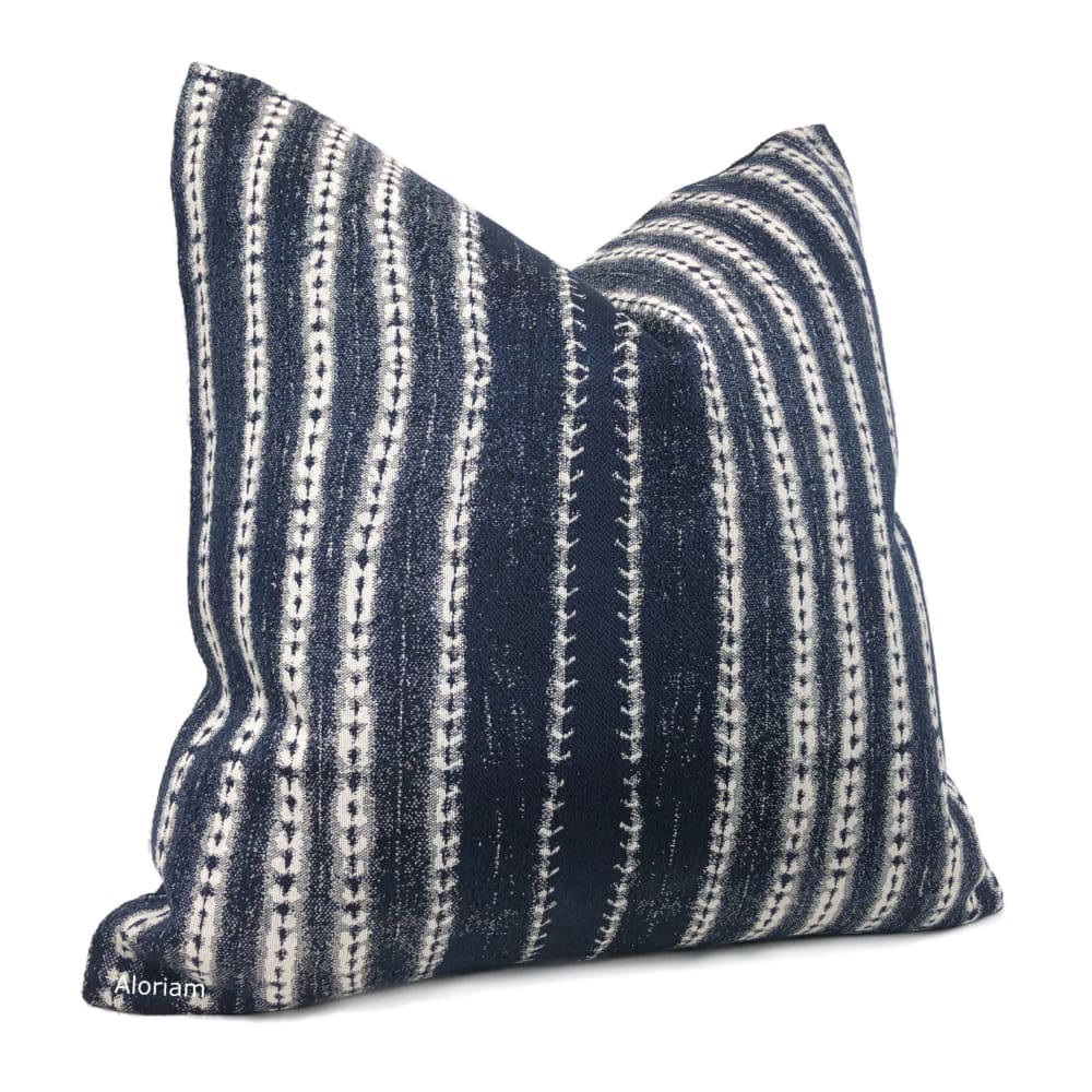 Sebu Dark Navy Blue White Ikat Stripe Pillow Cover - Aloriam