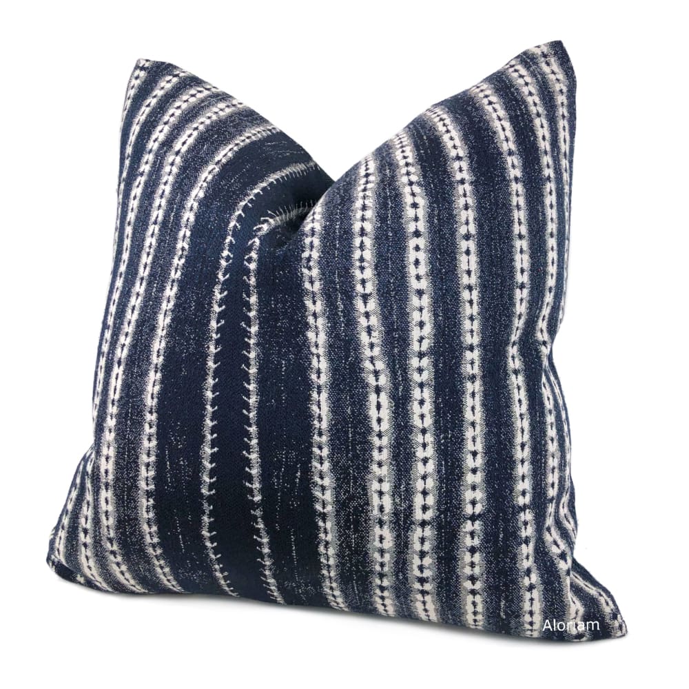 Sebu Dark Navy Blue White Ikat Stripe Pillow Cover - Aloriam