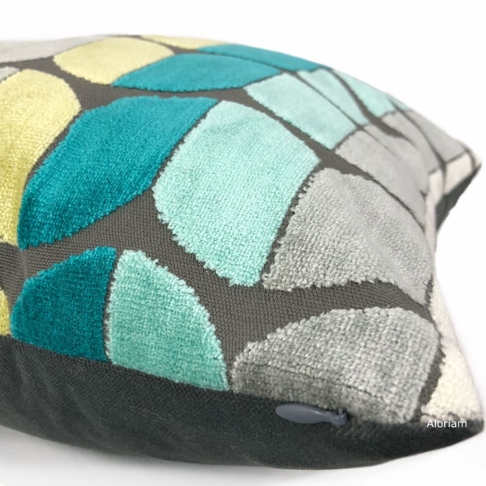 Sheridan Aqua Teal Green Yellow Gray Velvet Pillow Cover - Aloriam