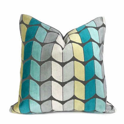 Sheridan Aqua Teal Green Yellow Gray Velvet Pillow Cover - Aloriam