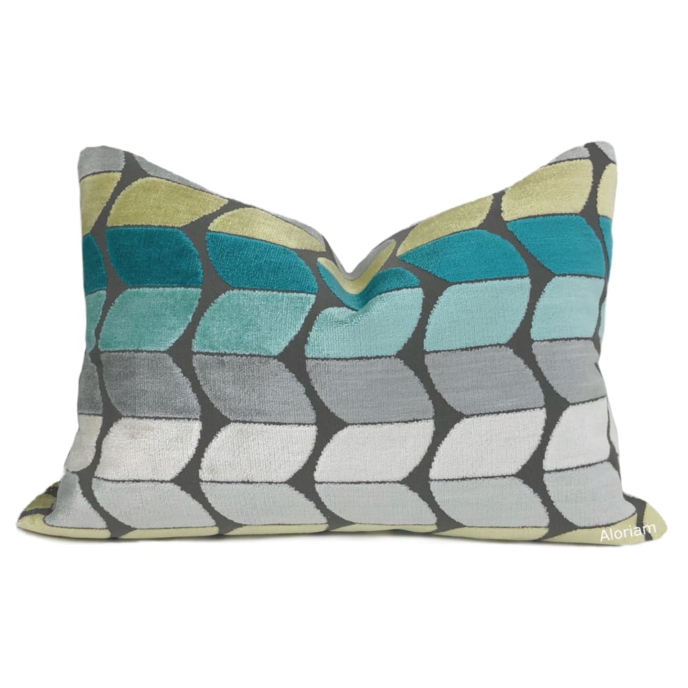 Sheridan Aqua Teal Green Yellow Gray Velvet Pillow Cover (FROM IN STOCK FABRIC) - Aloriam