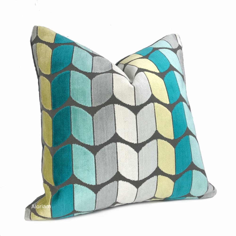 Sheridan Aqua Teal Green Yellow Gray Velvet Pillow Cover - Aloriam