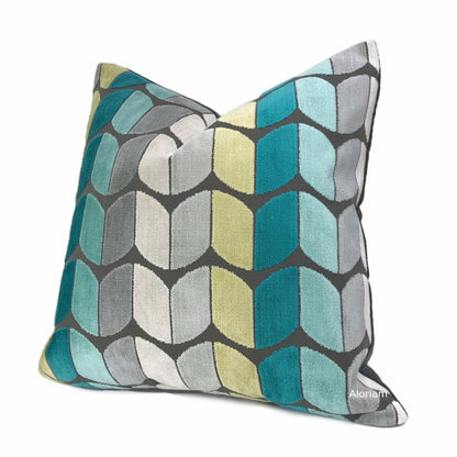 Sheridan Aqua Teal Green Yellow Gray Velvet Pillow Cover - Aloriam