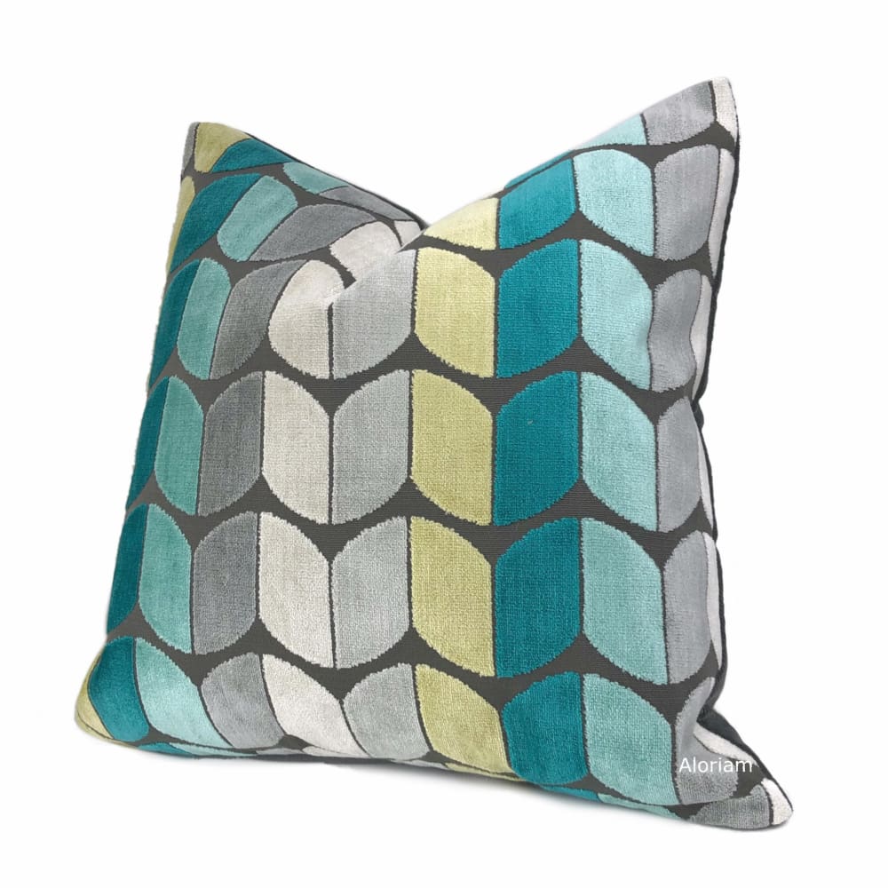 Sheridan Aqua Teal Green Yellow Gray Velvet Pillow Cover (FROM IN STOC –  Aloriam