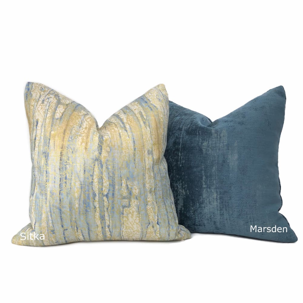 Sitka Blue Cream Gold Abstract Linen Pillow Cover - Aloriam