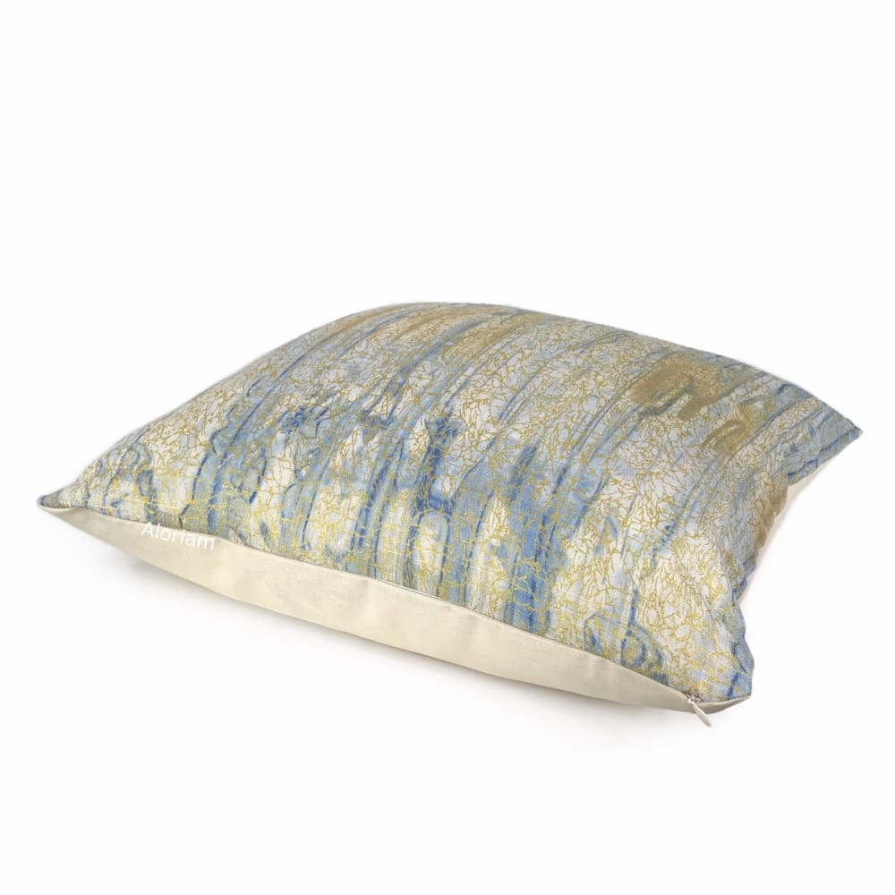 Sitka Blue Cream Gold Abstract Linen Pillow Cover - Aloriam