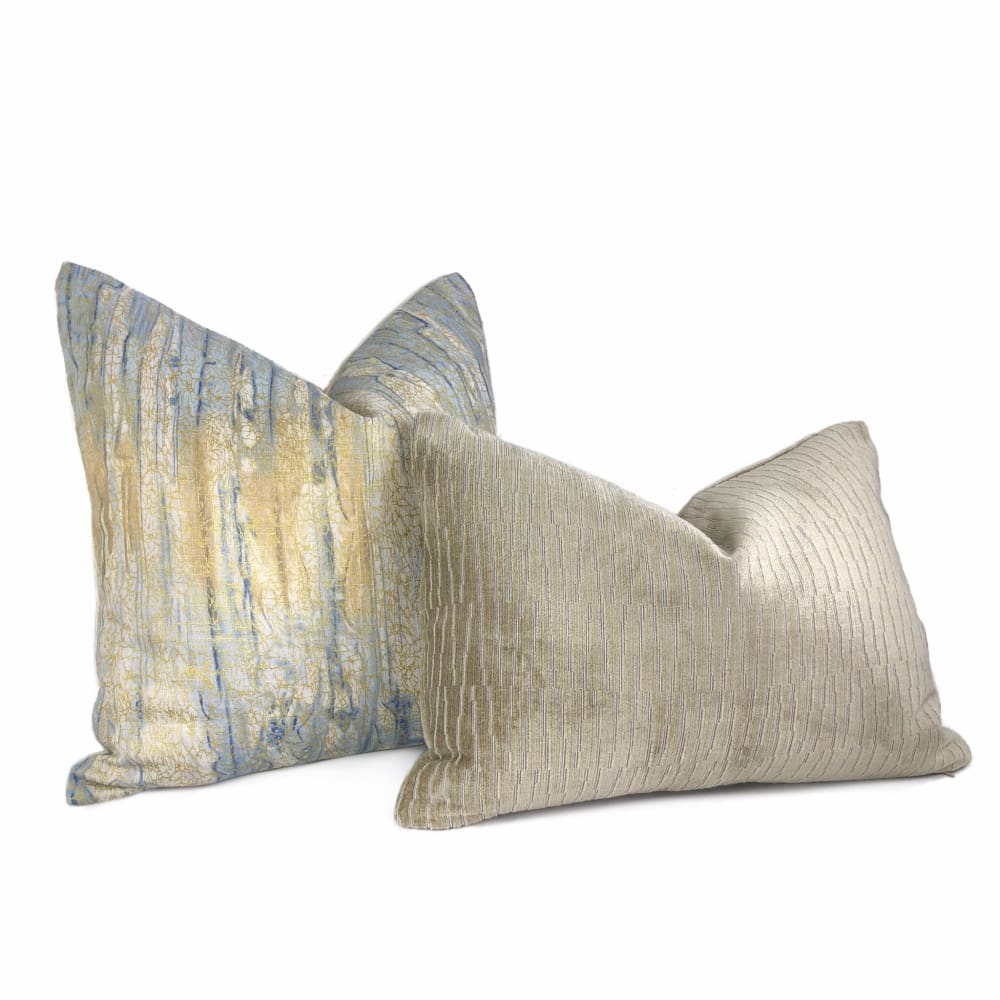 Sitka Blue Cream Gold Abstract Linen Pillow Cover - Aloriam