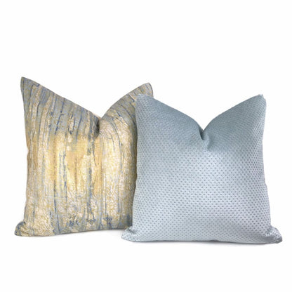 Sitka Blue Cream Gold Abstract Linen Pillow Cover - Aloriam