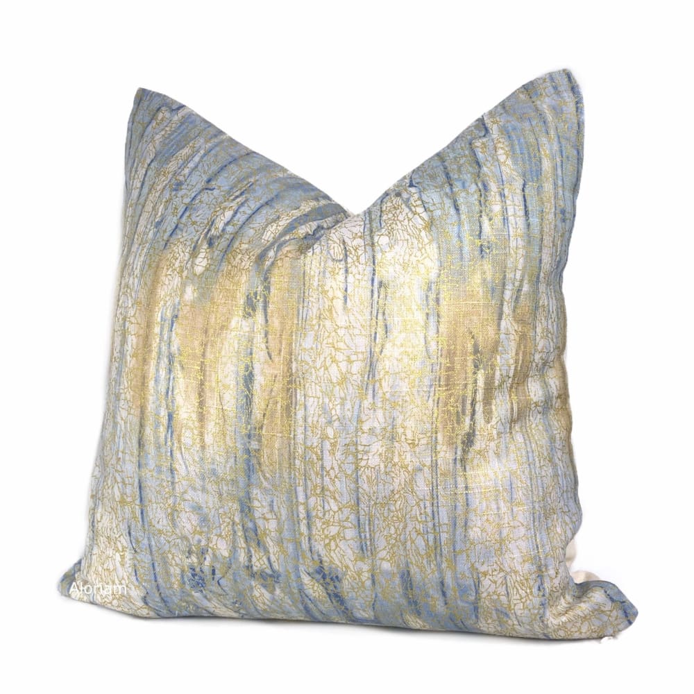 Sitka Blue Cream Gold Abstract Linen Pillow Cover - Aloriam