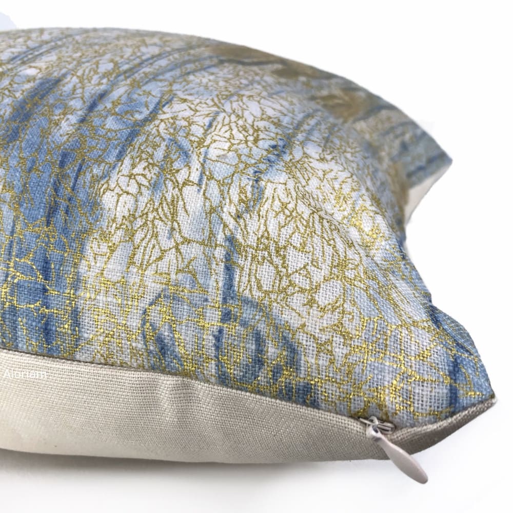 Sitka Blue Cream Gold Abstract Linen Pillow Cover - Aloriam