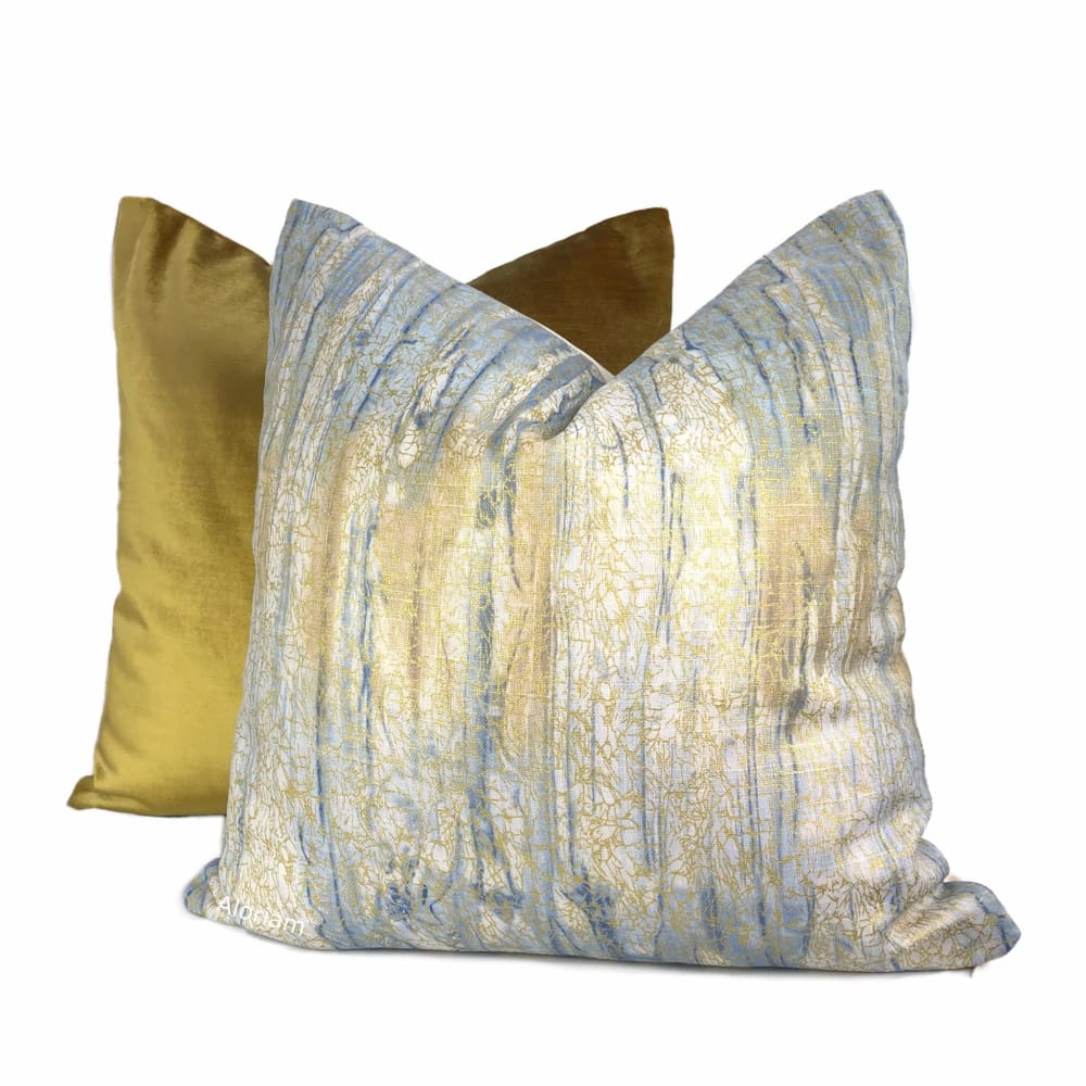 Sitka Blue Cream Gold Abstract Linen Pillow Cover - Aloriam