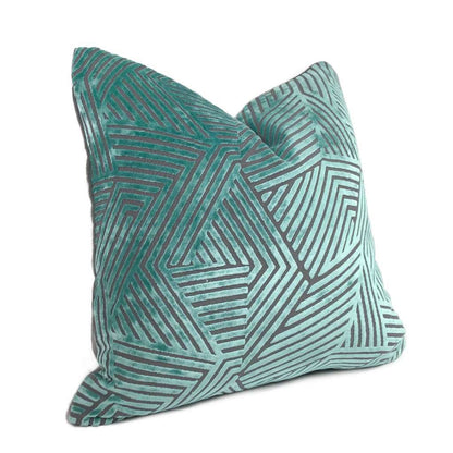 Soho Aquamarine & Gray Cut Velvet Geometric Lines Pillow Cover Cushion Pillow Case Euro Sham 16x16 18x18 20x20 22x22 24x24 26x26 28x28 Lumbar Pillow 12x18 12x20 12x24 14x20 16x26 by Aloriam