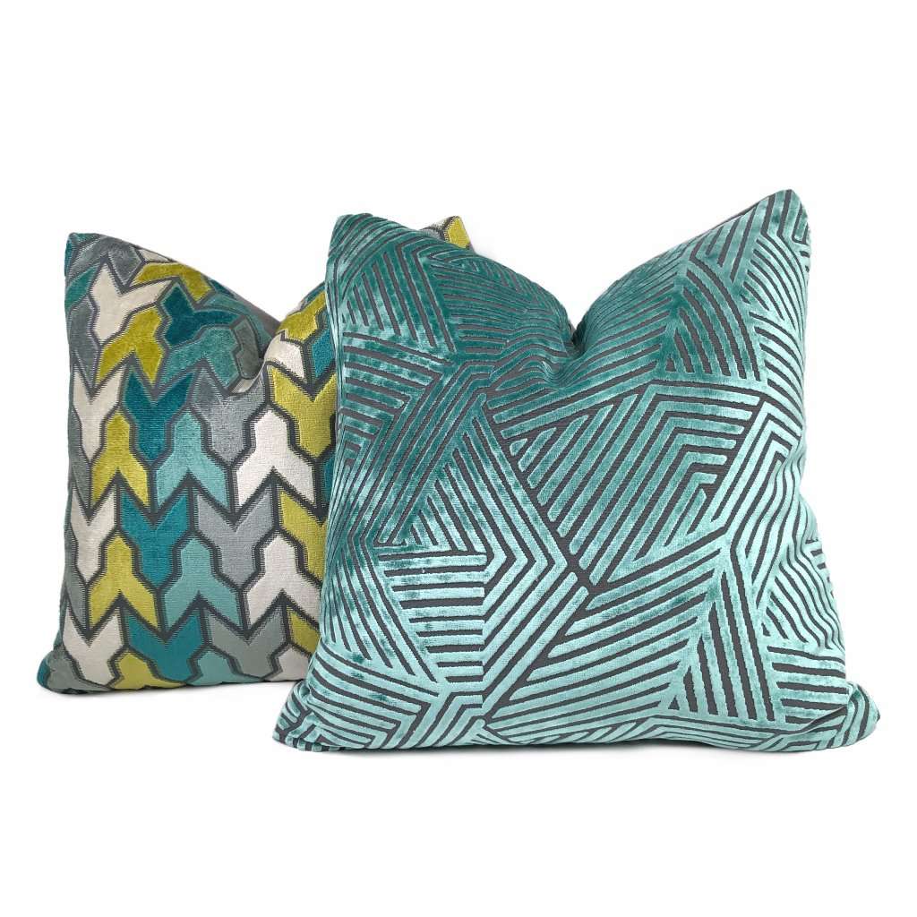 Soho Aquamarine & Gray Cut Velvet Geometric Lines Pillow Cover Cushion Pillow Case Euro Sham 16x16 18x18 20x20 22x22 24x24 26x26 28x28 Lumbar Pillow 12x18 12x20 12x24 14x20 16x26 by Aloriam