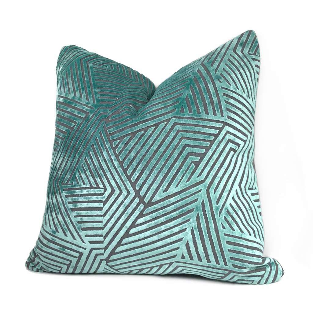 Soho Aquamarine & Gray Cut Velvet Geometric Lines Pillow Cover Cushion Pillow Case Euro Sham 16x16 18x18 20x20 22x22 24x24 26x26 28x28 Lumbar Pillow 12x18 12x20 12x24 14x20 16x26 by Aloriam