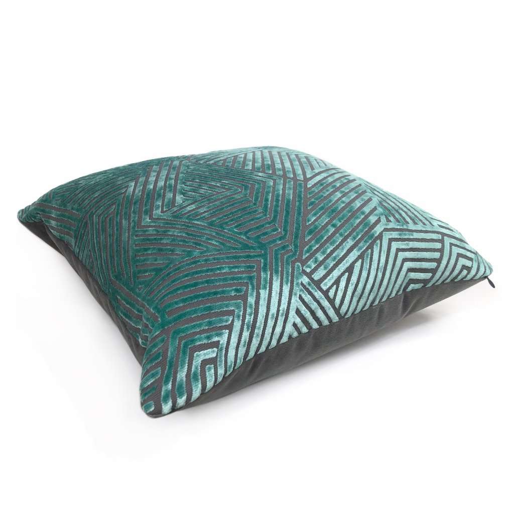 Soho Aquamarine & Gray Cut Velvet Geometric Lines Pillow Cover Cushion Pillow Case Euro Sham 16x16 18x18 20x20 22x22 24x24 26x26 28x28 Lumbar Pillow 12x18 12x20 12x24 14x20 16x26 by Aloriam