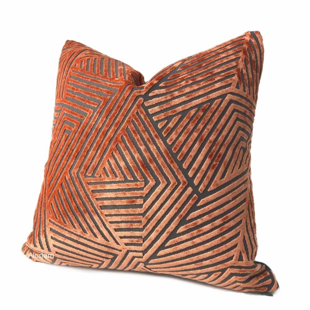 Soho Orange Gray Cut Velvet Geometric Lines Pillow Cover Template - Aloriam