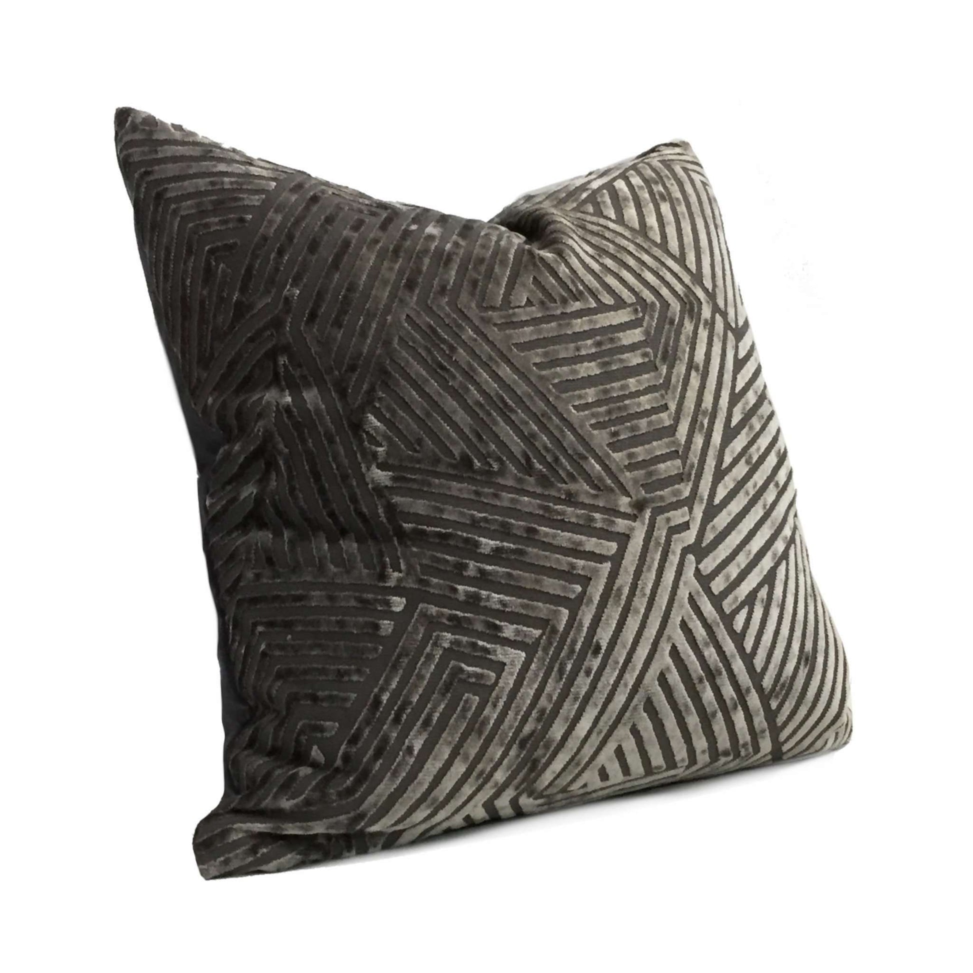 Soho Pewter Gray Cut Velvet Geometric Lines Pillow Cover Cushion Pillow Case Euro Sham 16x16 18x18 20x20 22x22 24x24 26x26 28x28 Lumbar Pillow 12x18 12x20 12x24 14x20 16x26 by Aloriam