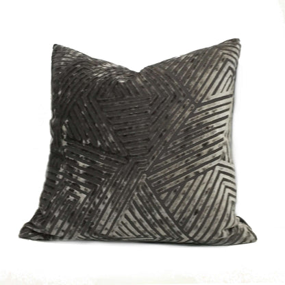 Soho Pewter Gray Cut Velvet Geometric Lines Pillow Cover Cushion Pillow Case Euro Sham 16x16 18x18 20x20 22x22 24x24 26x26 28x28 Lumbar Pillow 12x18 12x20 12x24 14x20 16x26 by Aloriam