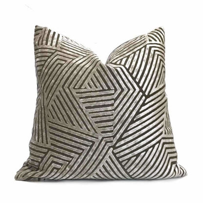 Soho Taupe Beige Cut Velvet Geometric Lines Pillow Cover Cushion Pillow Case Euro Sham 16x16 18x18 20x20 22x22 24x24 26x26 28x28 Lumbar Pillow 12x18 12x20 12x24 14x20 16x26 by Aloriam