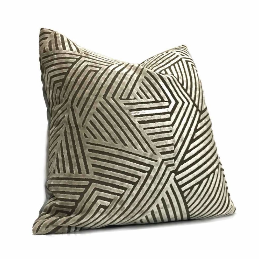 Soho Taupe Beige Cut Velvet Geometric Lines Pillow Cover Cushion Pillow Case Euro Sham 16x16 18x18 20x20 22x22 24x24 26x26 28x28 Lumbar Pillow 12x18 12x20 12x24 14x20 16x26 by Aloriam