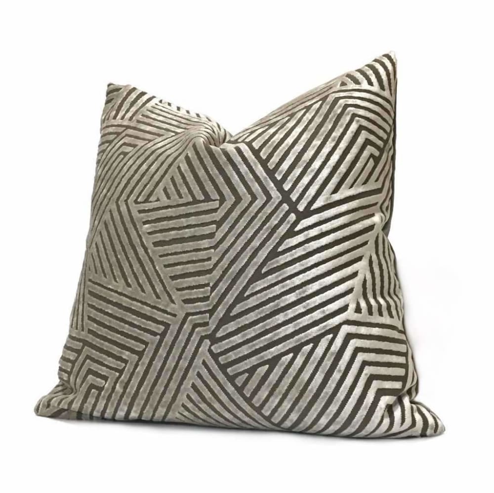 Soho Taupe Beige Cut Velvet Geometric Lines Pillow Cover Cushion Pillow Case Euro Sham 16x16 18x18 20x20 22x22 24x24 26x26 28x28 Lumbar Pillow 12x18 12x20 12x24 14x20 16x26 by Aloriam