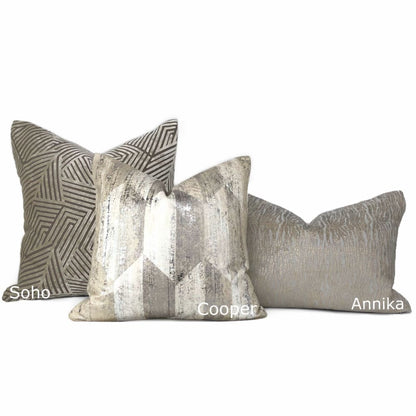 Soho Taupe Beige Cut Velvet Geometric Lines Pillow Cover - Aloriam