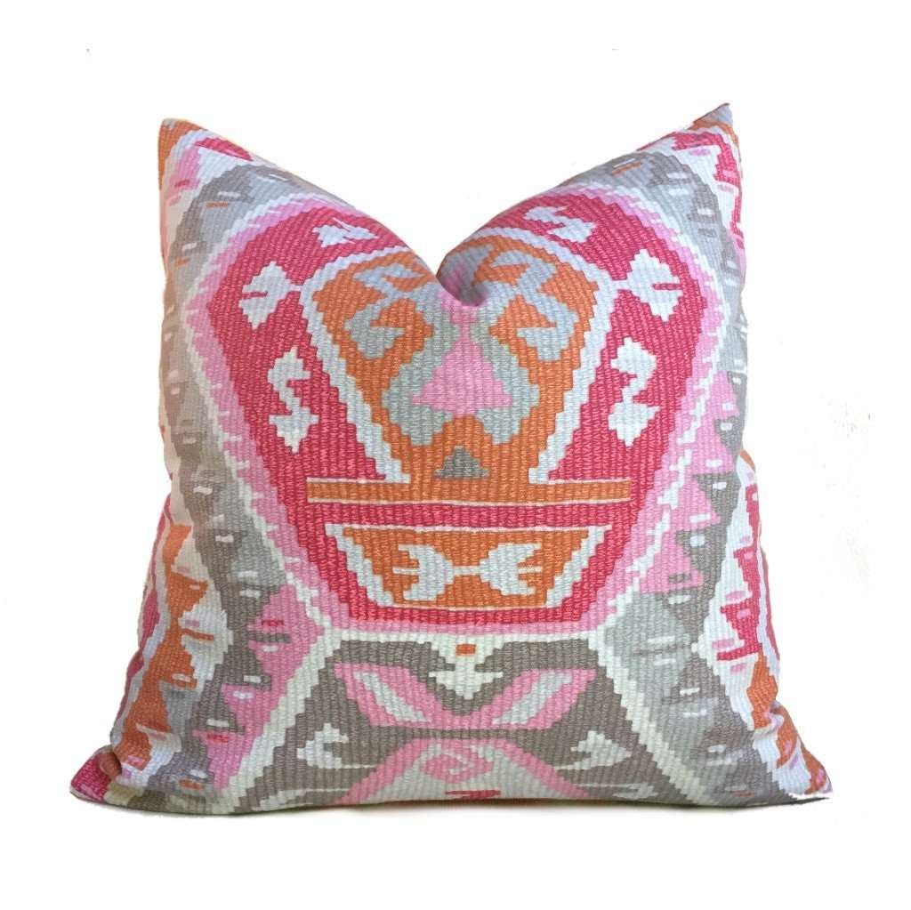 Southwest Ethnic Ikat Aztec Pink Gray Orange Cream Cotton Print Pillow Cover by Aloriam