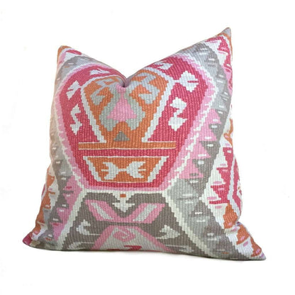 Southwest Ethnic Ikat Aztec Pink Gray Orange Cream Cotton Print Pillow Cover by Aloriam