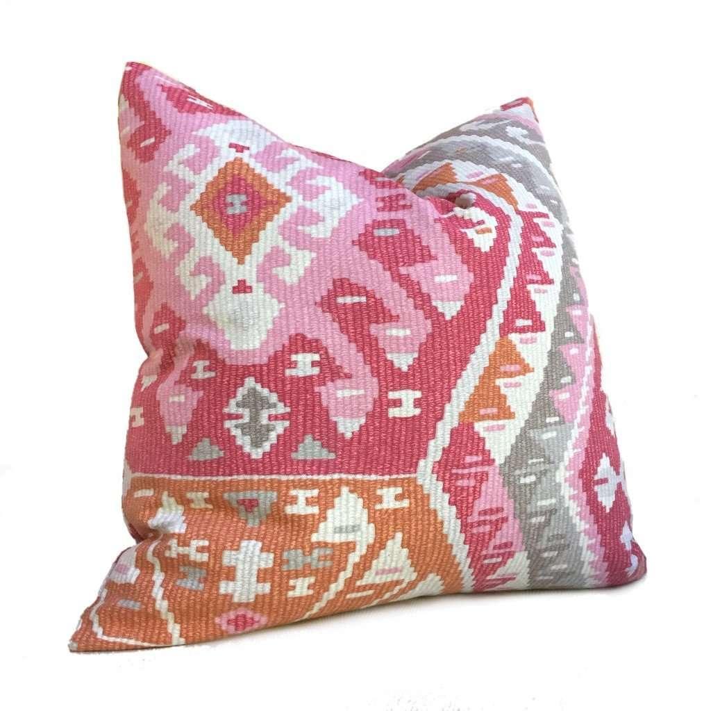 Pink & Orange Velvet Pillow Cover with Traditional Ikat Pattern | Front side is 100% Silk Velvet, buy Back side is Soft Pink Fabric | OEKO-TEX®