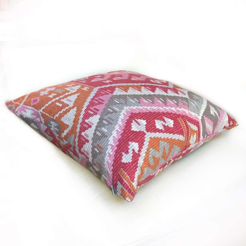 Southwest Ethnic Ikat Aztec Pink Gray Orange Cream Cotton Print Pillow Cover by Aloriam