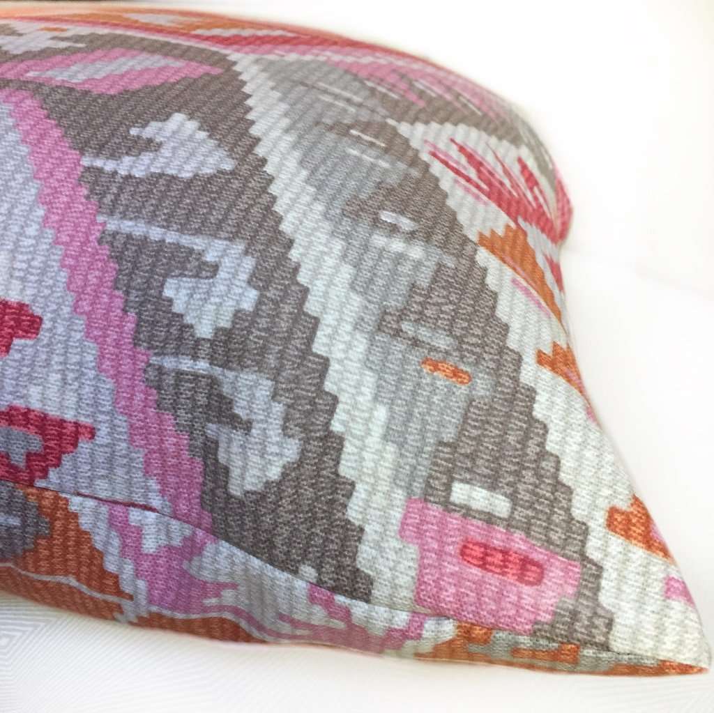 Southwest Ethnic Ikat Aztec Pink Gray Orange Cream Cotton Print Pillow Cover by Aloriam