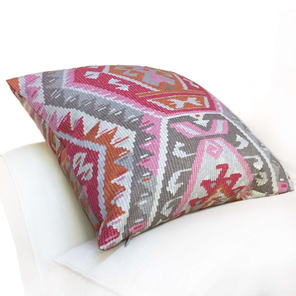 Southwest Ethnic Ikat Aztec Pink Gray Orange Cream Cotton Print Pillow Cover by Aloriam