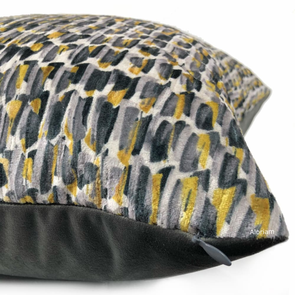 Symon Gray Yellow Abstract Paint Dabs Velvet Pillow Cover - Aloriam