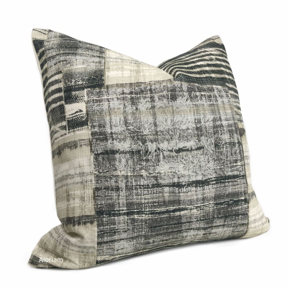 Tariq Black Gray Cream Ethnic Patchwork Cotton Print Pillow Cover - Aloriam