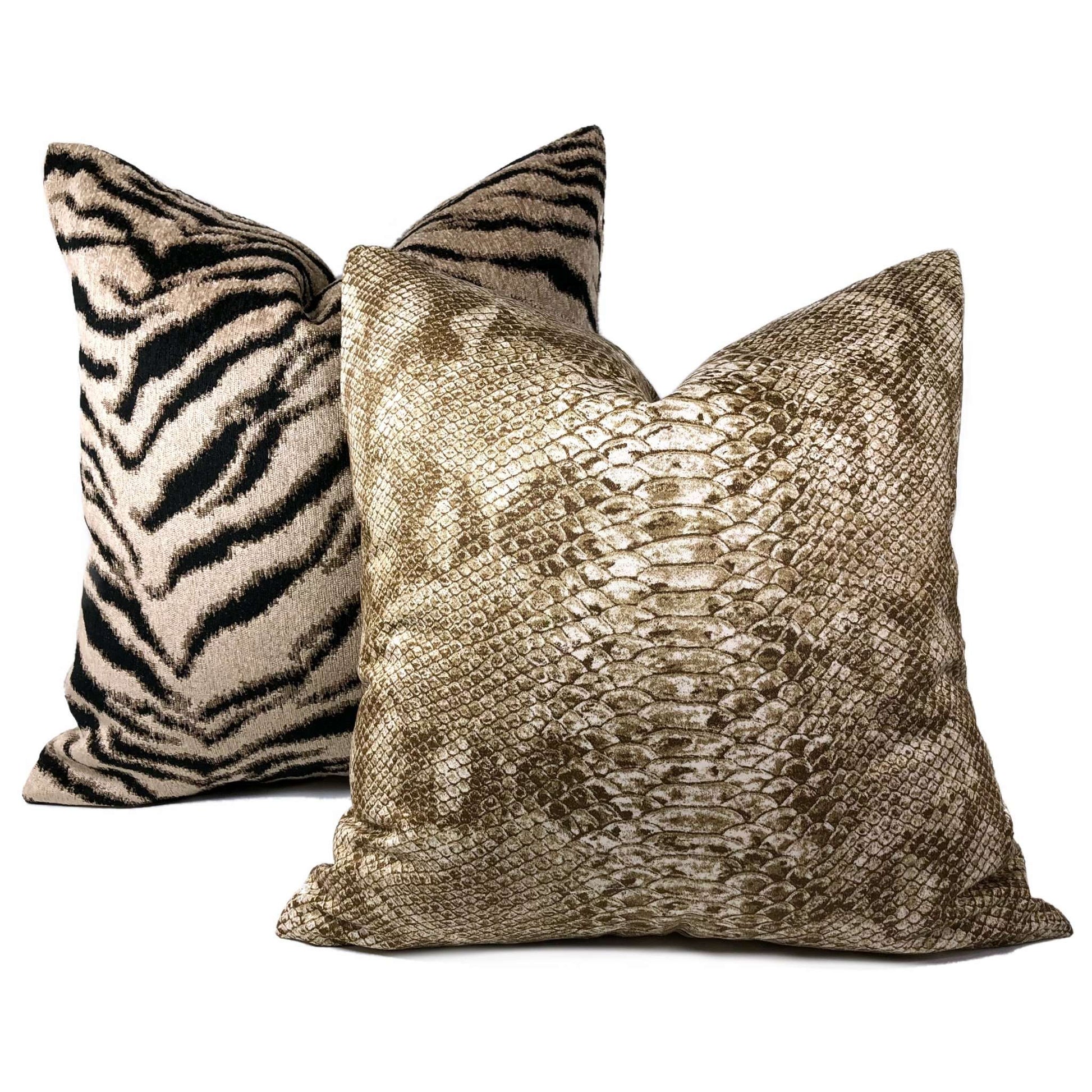 Taupe Black Tiger Stripe Chenille Pillow Cover Cushion Pillow Case Euro Sham 16x16 18x18 20x20 22x22 24x24 26x26 28x28 Lumbar Pillow 12x18 12x20 12x24 14x20 16x26 by Aloriam