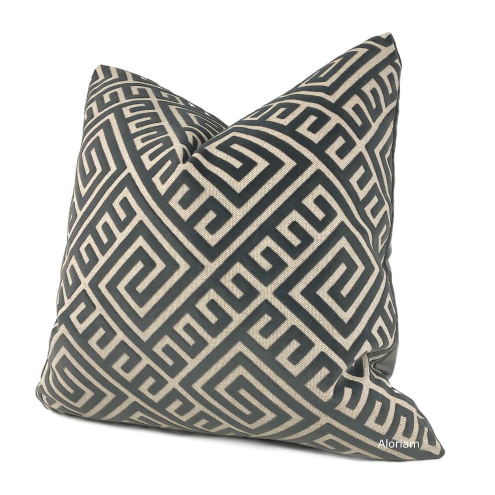 Thebes Charcoal Gray Beige Greek Key Velvet Pillow Cover - Aloriam