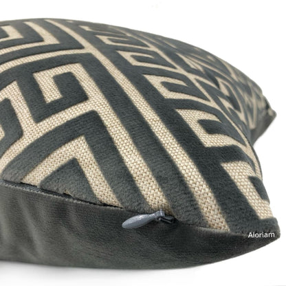 Thebes Charcoal Gray Beige Greek Key Velvet Pillow Cover - Aloriam