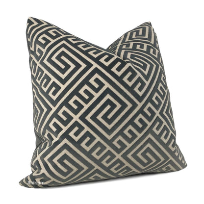 Thebes Charcoal Gray Beige Greek Key Velvet Pillow Cover - Aloriam