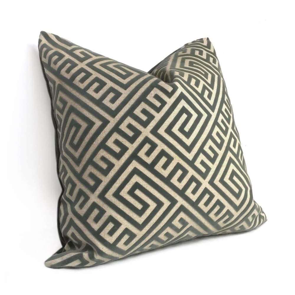 Designer Greek Key Thunder Gray Beige Flocked Velvet Pillow Cover