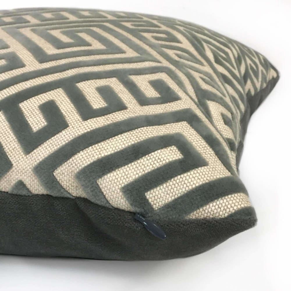 Designer Greek Key Thunder Gray Beige Flocked Velvet Pillow Cover