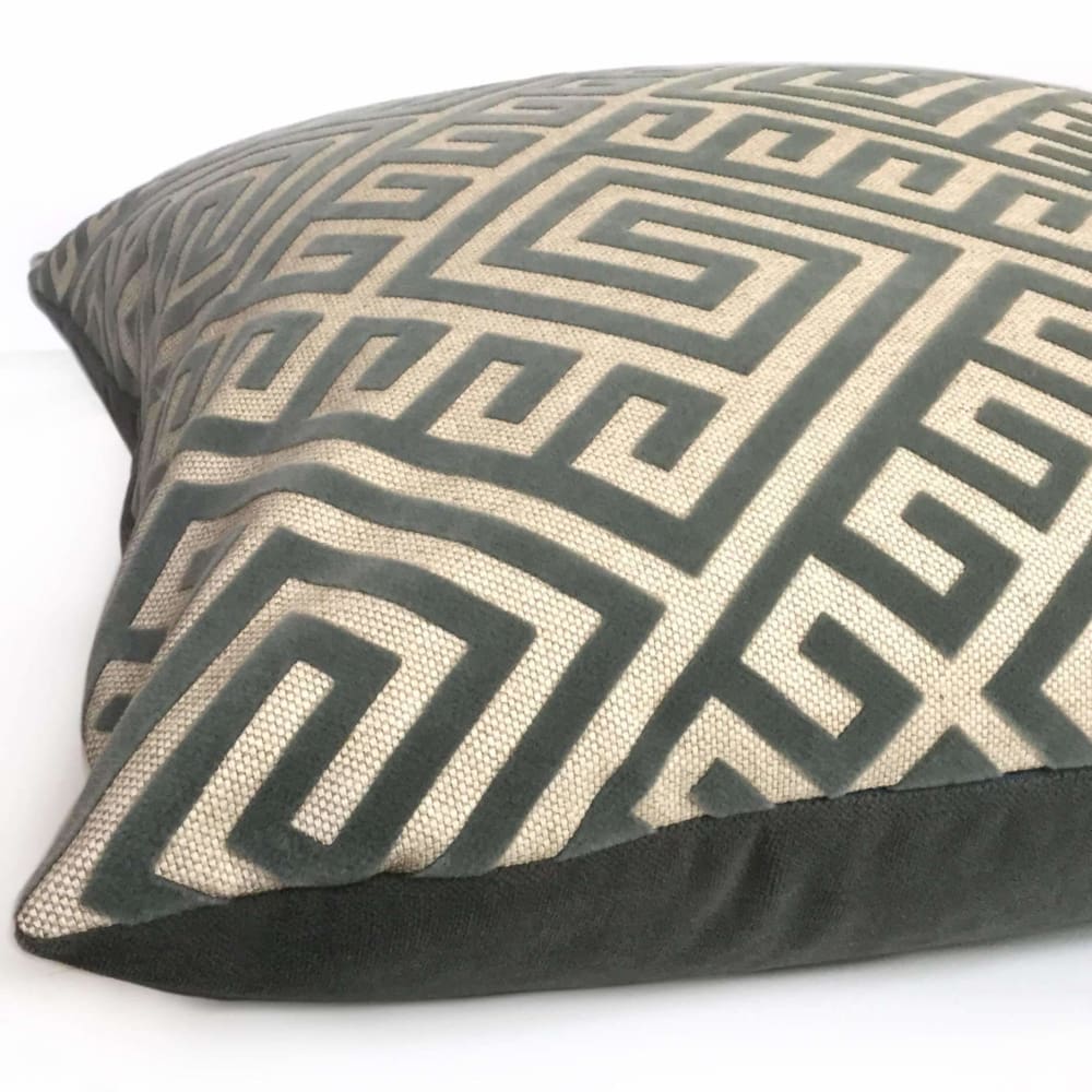 Thebes Thunder Gray & Beige Greek Key Velvet Pillow Cover Cushion Pillow Case Euro Sham 16x16 18x18 20x20 22x22 24x24 26x26 28x28 Lumbar Pillow 12x18 12x20 12x24 14x20 16x26 by Aloriam