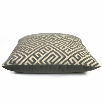 Designer Greek Key Thunder Gray Beige Flocked Velvet Throw Pillow Cover