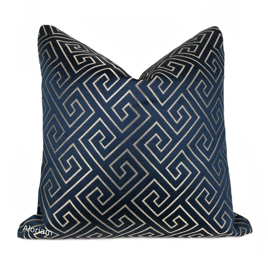 Theseus Navy Blue Champagne Gold Greek Key Pillow Cover - Aloriam