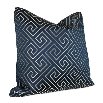 Theseus Navy Blue Champagne Gold Greek Key Pillow Cover - Aloriam