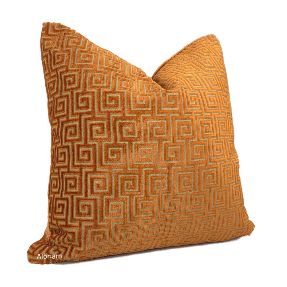 Thibaut Meander Orange Greek Key Velvet Pillow Cover - Aloriam