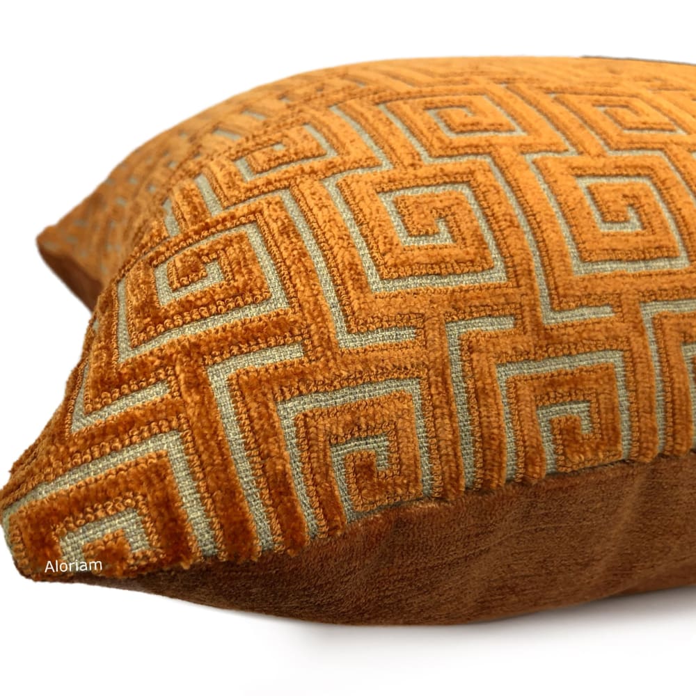 Thibaut Meander Orange Greek Key Velvet Pillow Cover - Aloriam