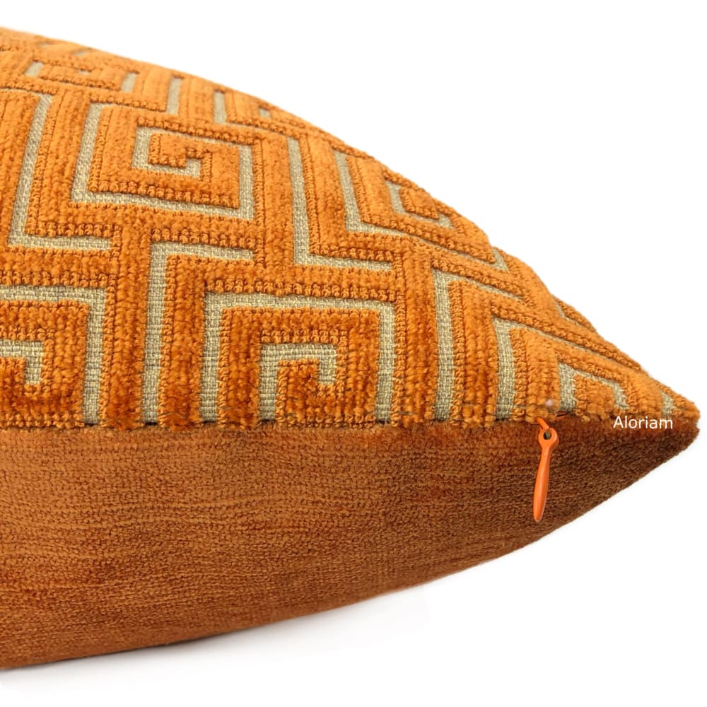 Thibaut Meander Orange Greek Key Velvet Pillow Cover - Aloriam