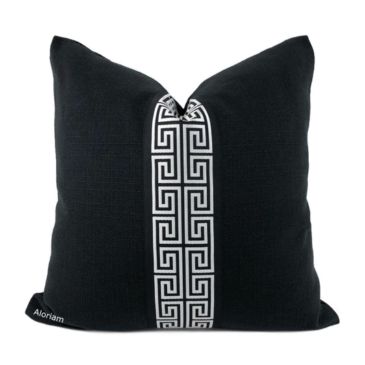 Titan Black White Greek Key Trim Pillow Cover - Aloriam