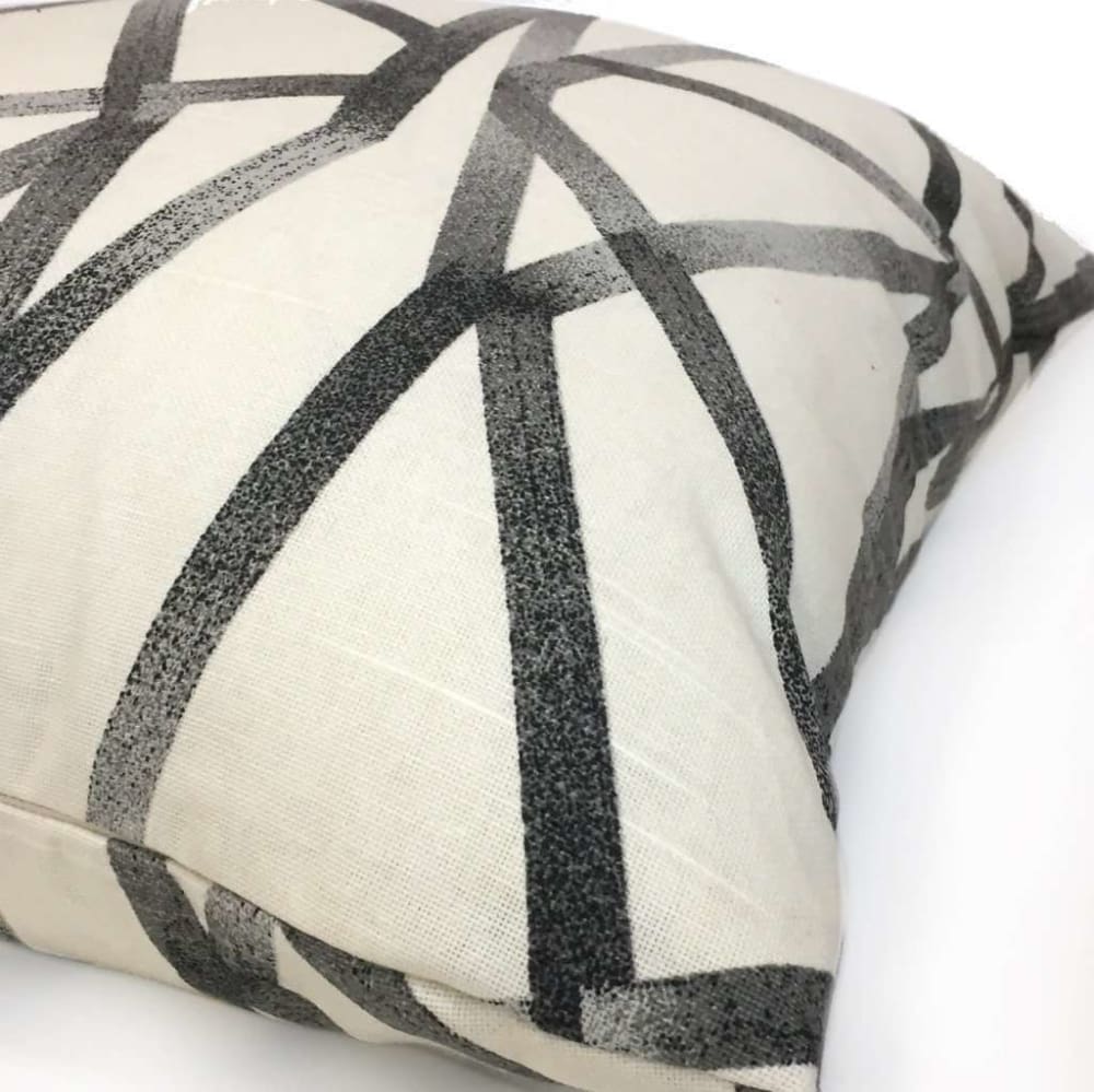 Designer Modern Abstract Lines Gray Cream Cotton Print Pillow Cover by Aloriam