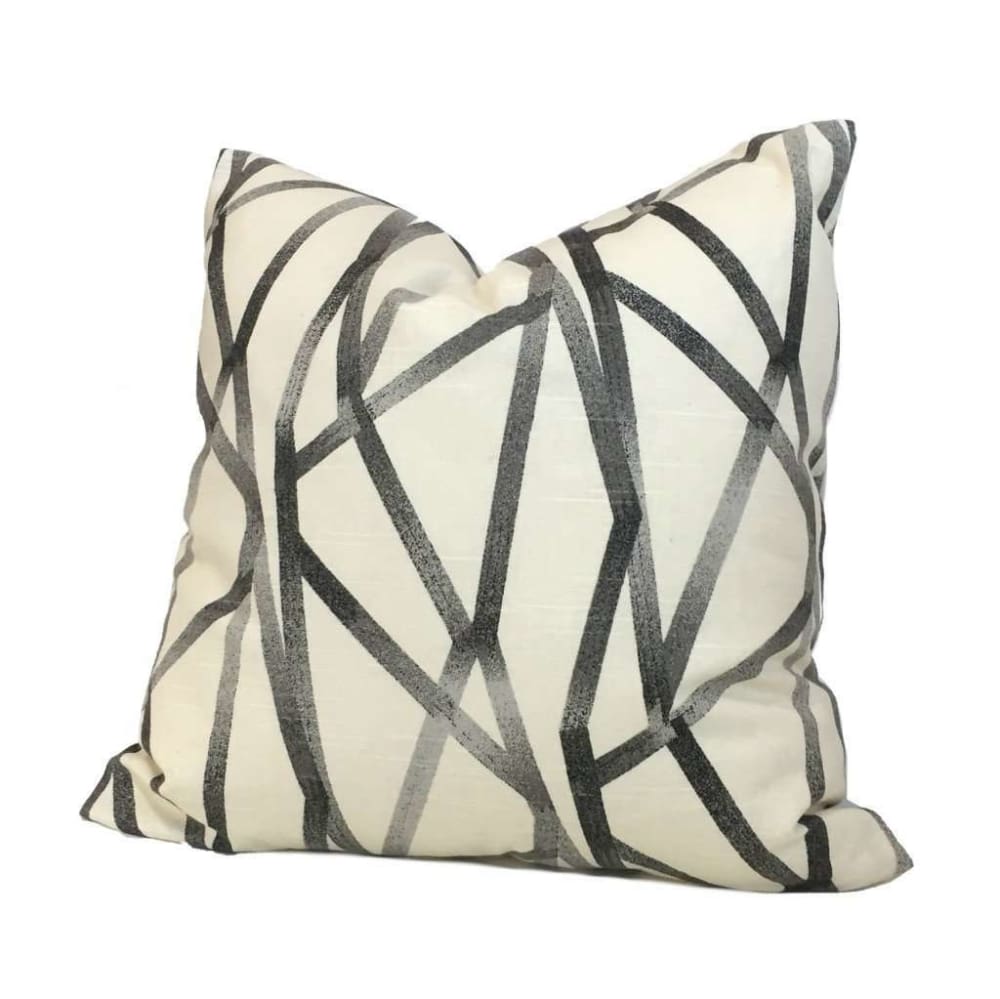 Designer Modern Abstract Lines Gray Cream Cotton Print Pillow Cover by Aloriam